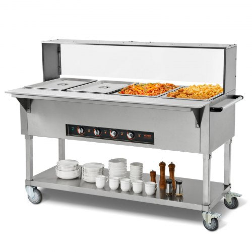 4-Pan Commercial Food Warmer, 4 x 20.6QT Electric Steam Table, 2000W Professional Buffet Catering Food Warmer with Acrylic Sneeze Guard, Food Grade Stainless Steel Server for Party Restaurant