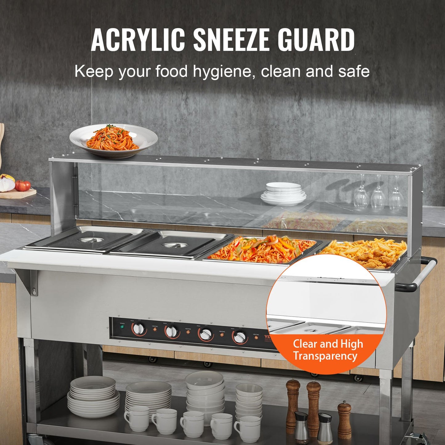 4-Pan Commercial Food Warmer, 4 x 20.6QT Electric Steam Table, 2000W Professional Buffet Catering Food Warmer with Acrylic Sneeze Guard, Food Grade Stainless Steel Server for Party Restaurant