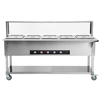 5-Pan Commercial Food Warmer, 5 x 20.6QT Electric Steam Table, 3750W Professional Buffet Catering Food Warmer with Acrylic Sneeze Guard, Food Grade Stainless Steel Server for Party Restaurant