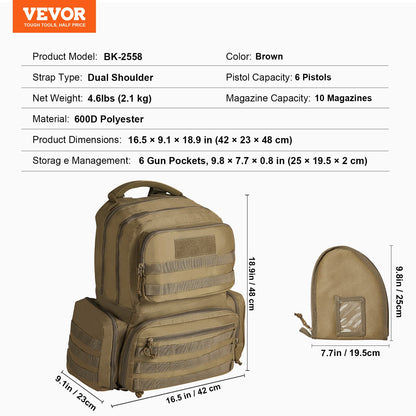 Tactical Range Rucksack für 6 Pistolen Gun Backpack Braun