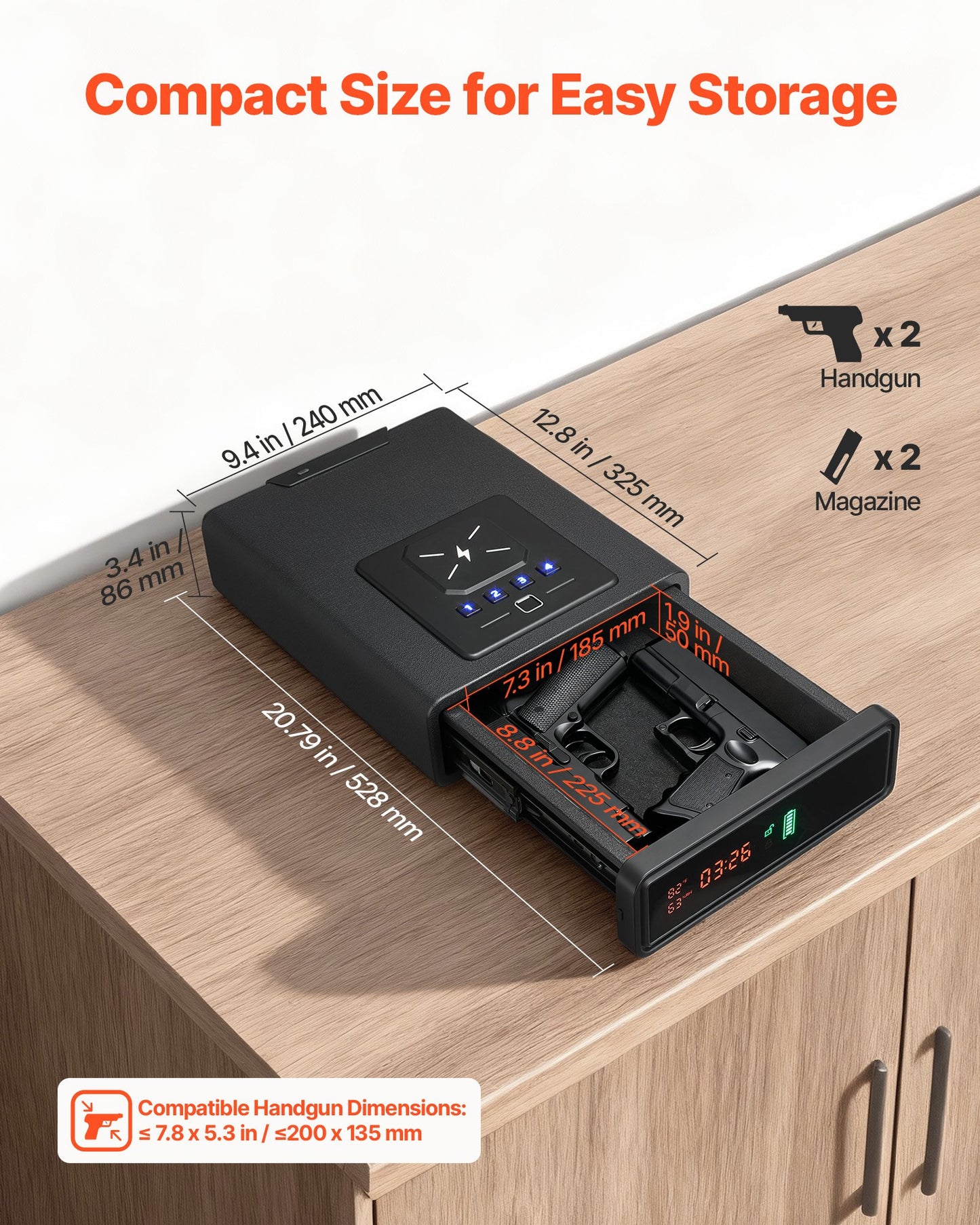 Gun Safe, Pistol Handgun Drawer Safe with Fingerprint/Password/Key, 3-Way Quick Access Firearm Case Drawer with Screen for 2 Pistols & Magazines, Wireless Charging, for Desk Bedside Nightstand