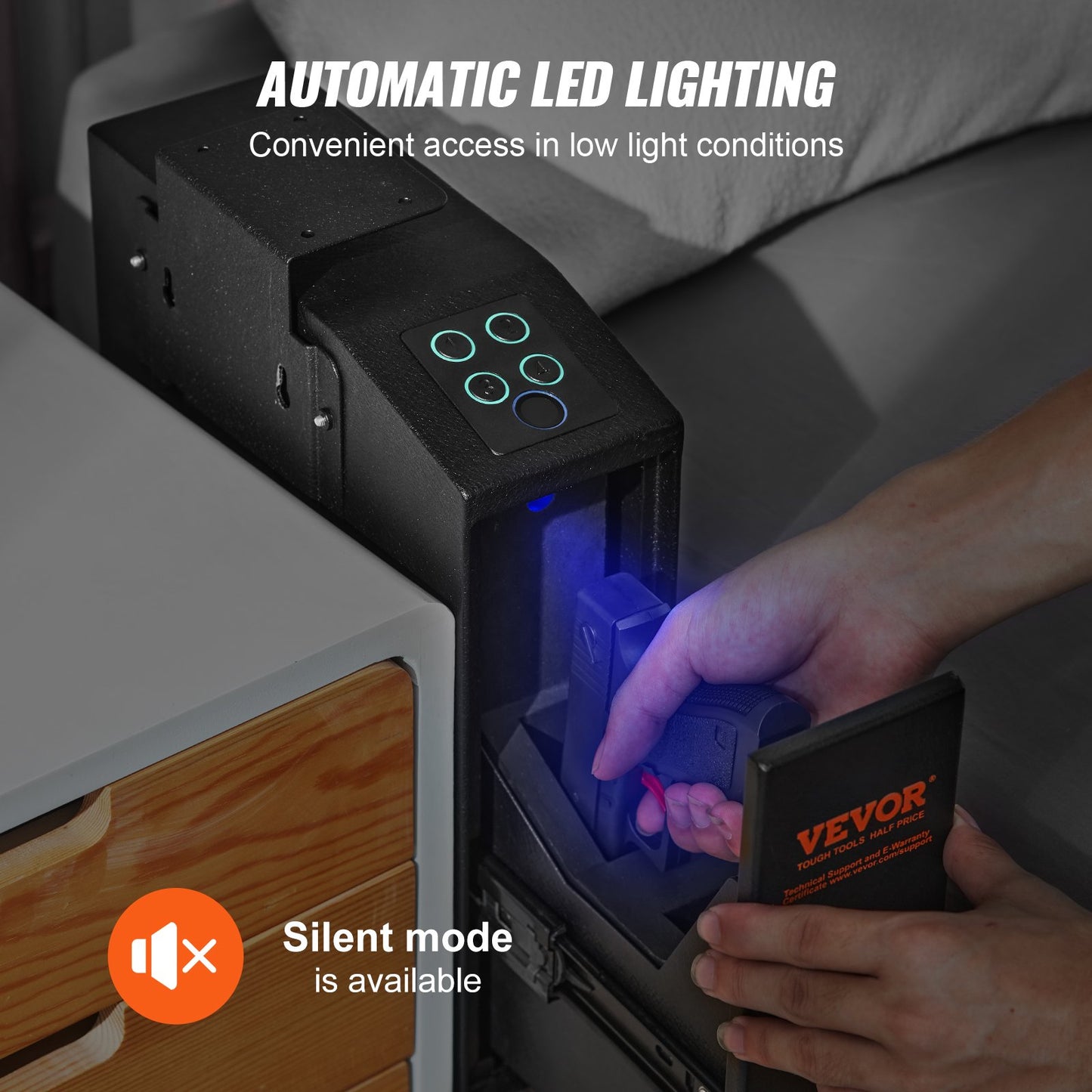 Montierter Waffenschrank für Pistolen, biometrischer Waffenschrank mit drei Schnellzugriffswegen für Fingerabdrücke, Passwörter und Schlüssel, Waffenschrank für 1 Waffe für Zuhause, Bett, Nachttisch, Wand