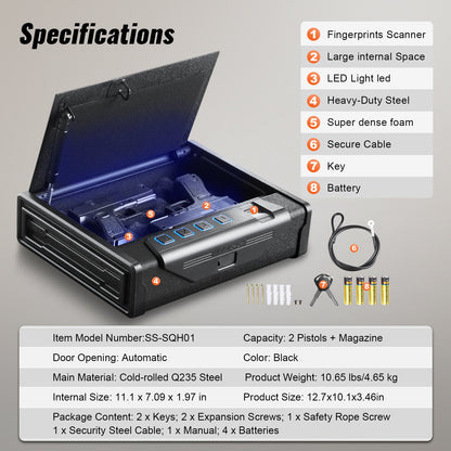 Gun Safe for Pistols, Biometric Gun Safe with Three Quick Access Ways of Fingerprints, Passwords and Keys, Handgun Safe for 2 Pistols for Home, Bedside, Nightstand, Car