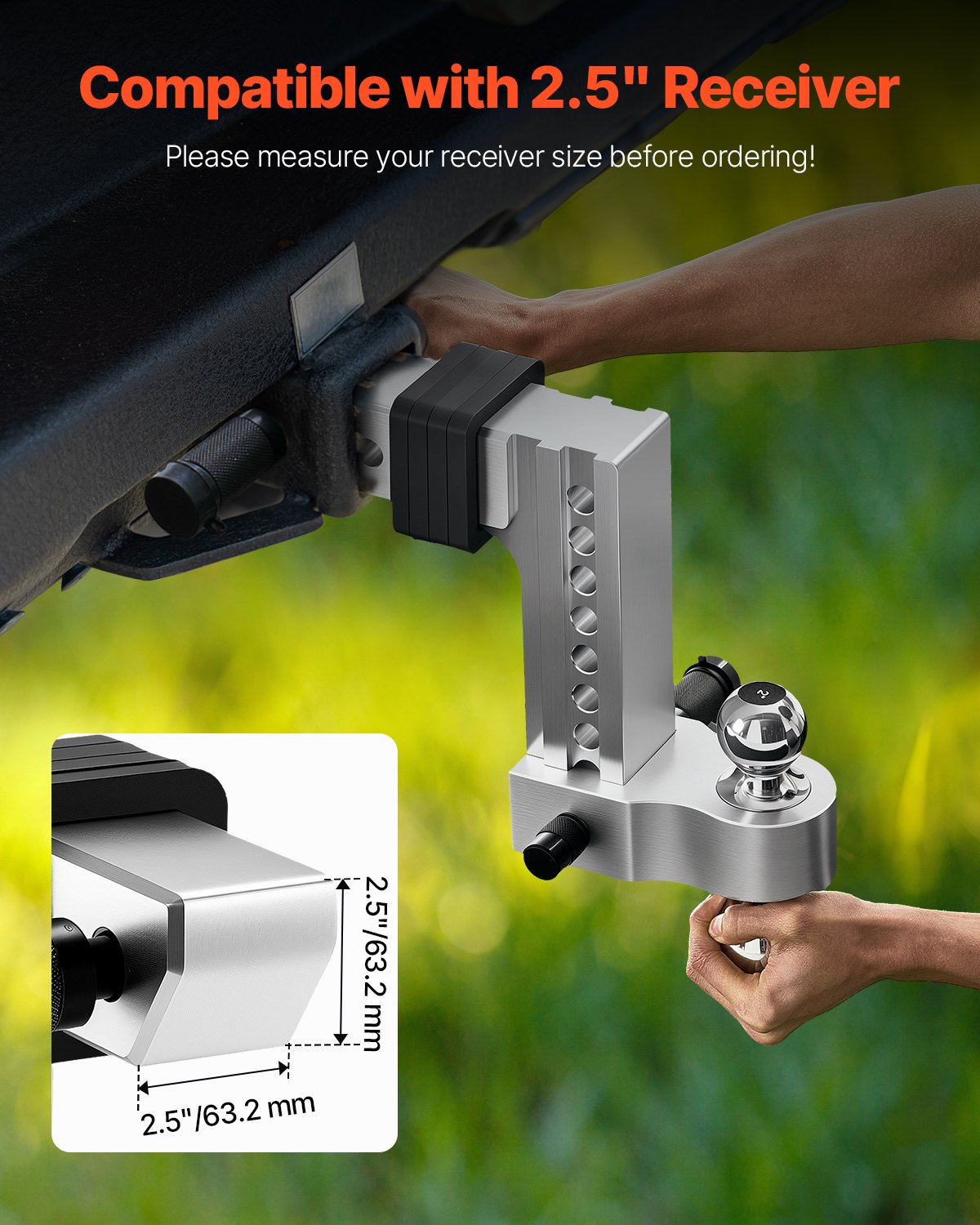 Adjustable Trailer Hitch, 8-Inch Drop Hitch, Tri-Ball Mount for 2.5-Inch Hitch Receiver, Trailer Ball Size 1-7/8", 2" & 2-5/16", Max 18500 lbs Ball Hitch, Towing Hitch for RVs, ATVs, and Trucks