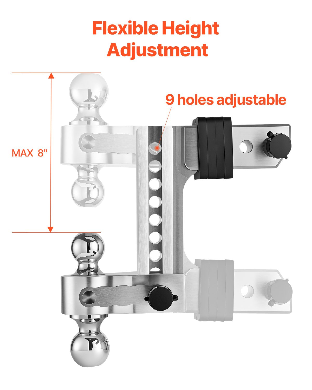 Adjustable Trailer Hitch, 8-Inch Drop Hitch, Tri-Ball Mount for 2.5-Inch Hitch Receiver, Trailer Ball Size 1-7/8", 2" & 2-5/16", Max 18500 lbs Ball Hitch, Towing Hitch for RVs, ATVs, and Trucks