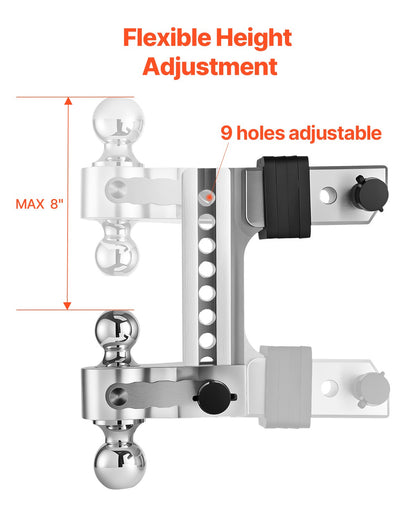 Adjustable Trailer Hitch, 8-Inch Drop Hitch, Tri-Ball Mount for 2.5-Inch Hitch Receiver, Trailer Ball Size 1-7/8", 2" & 2-5/16", Max 18500 lbs Ball Hitch, Towing Hitch for RVs, ATVs, and Trucks