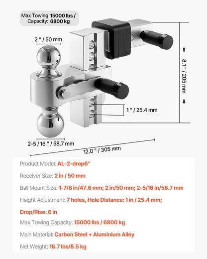 Adjustable Trailer Hitch, 6-Inch Drop Hitch, Tri-Ball Mount for 2-Inch Hitch Receiver, Trailer Ball Size 1-7/8", 2" and 2-5/16", Max 15000 lbs Ball Hitch, Towing Hitch for RVs, ATVs, and Trucks