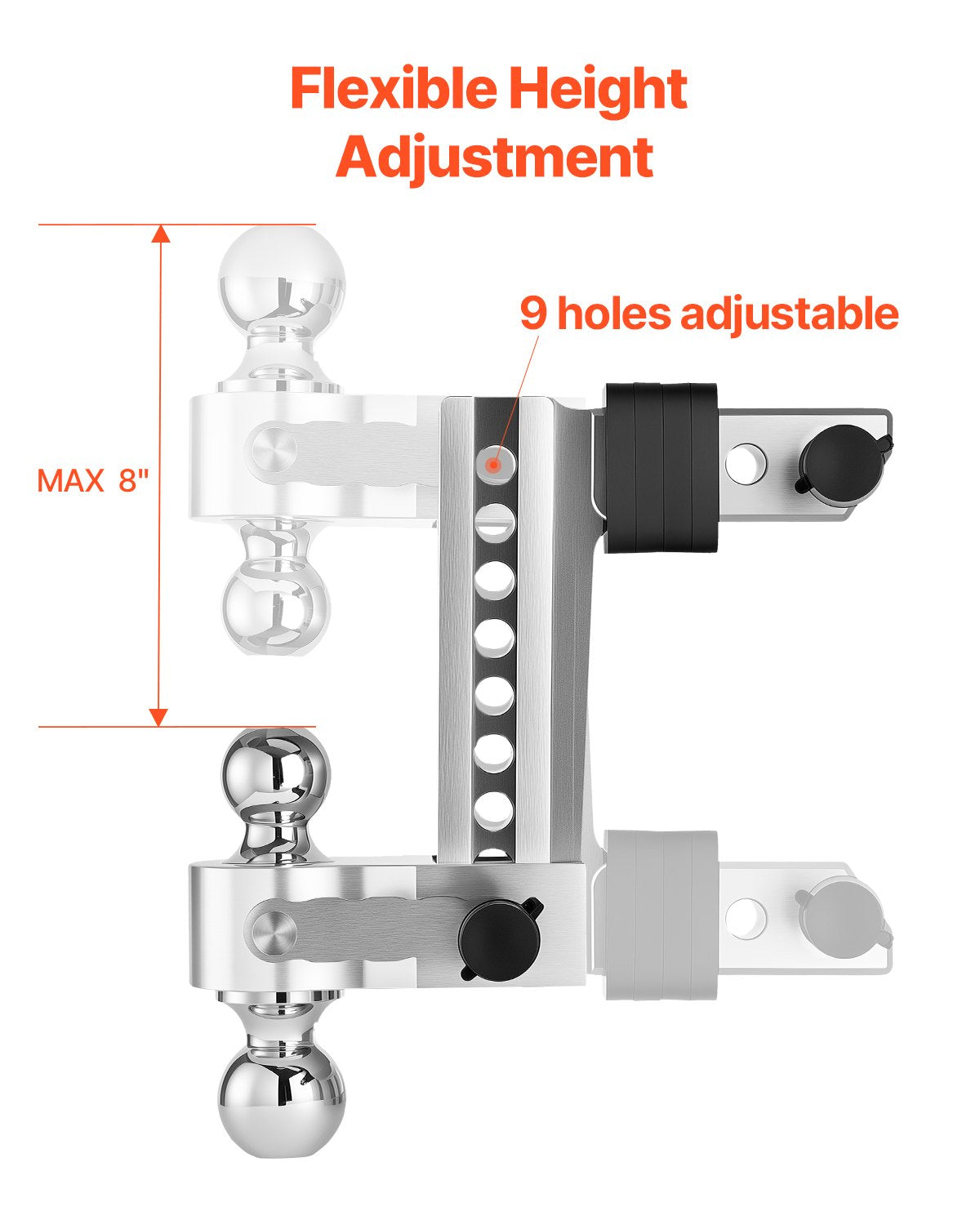 Adjustable Trailer Hitch, 8-Inch Drop Hitch, Tri-Ball Mount for 2-Inch Hitch Receiver, Trailer Ball Size 1-7/8", 2" and 2-5/16", Max 15000 lbs Ball Hitch, Towing Hitch for RVs, ATVs, and Trucks