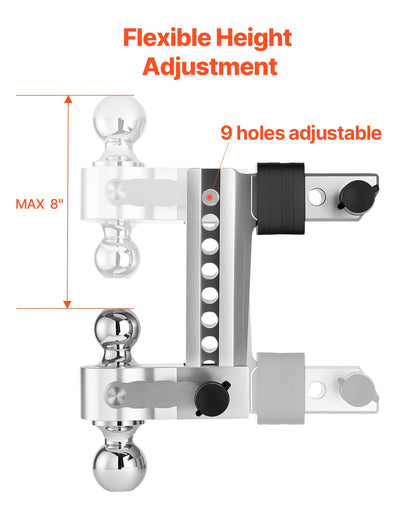 Adjustable Trailer Hitch, 8-Inch Drop Hitch, Tri-Ball Mount for 2-Inch Hitch Receiver, Trailer Ball Size 1-7/8", 2" and 2-5/16", Max 15000 lbs Ball Hitch, Towing Hitch for RVs, ATVs, and Trucks