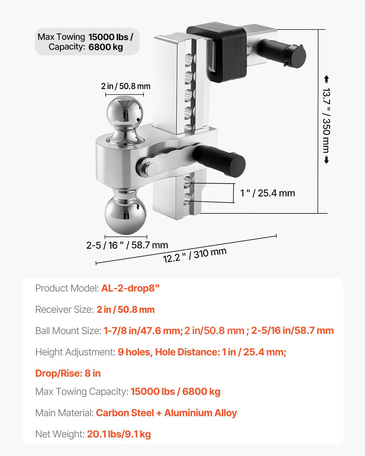 Adjustable Trailer Hitch, 8-Inch Drop Hitch, Tri-Ball Mount for 2-Inch Hitch Receiver, Trailer Ball Size 1-7/8", 2" and 2-5/16", Max 15000 lbs Ball Hitch, Towing Hitch for RVs, ATVs, and Trucks