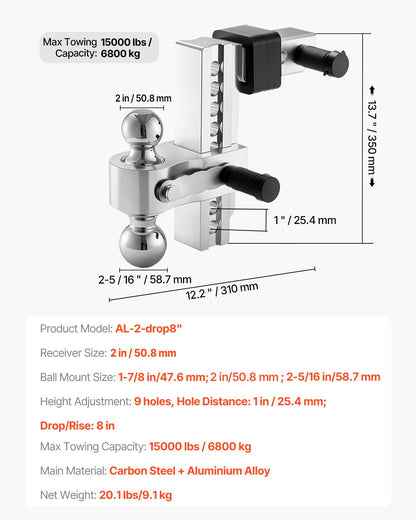 Adjustable Trailer Hitch, 8-Inch Drop Hitch, Tri-Ball Mount for 2-Inch Hitch Receiver, Trailer Ball Size 1-7/8", 2" and 2-5/16", Max 15000 lbs Ball Hitch, Towing Hitch for RVs, ATVs, and Trucks