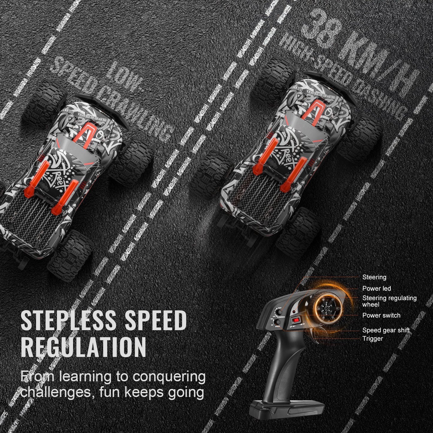 Remote Control Car, 1:14 Scale RC Car for Kids, All Terrain 4WD Off-Road Monster Truck with 45° Wheelie & 2 Batteries, 38 km/h High Speed Hobby Racing Car - Ideal Gift for 8+ Years Kids