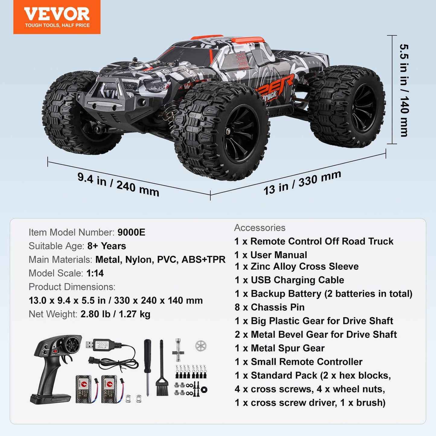Remote Control Car, 1:14 Scale RC Car for Kids, All Terrain 4WD Off-Road Monster Truck with 45° Wheelie & 2 Batteries, 38 km/h High Speed Hobby Racing Car - Ideal Gift for 8+ Years Kids