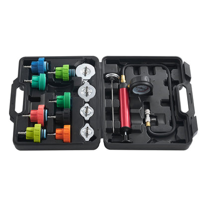 14-teiliges Universal-Kühlerdruckprüfset, Kühlmitteldruckprüfset mit manueller Pumpe und farbcodierten Prüfkappenadaptern aus Stahl, mit Werkzeugkasten, für das Kühlsystem von Autos, Motorrädern und LKWs