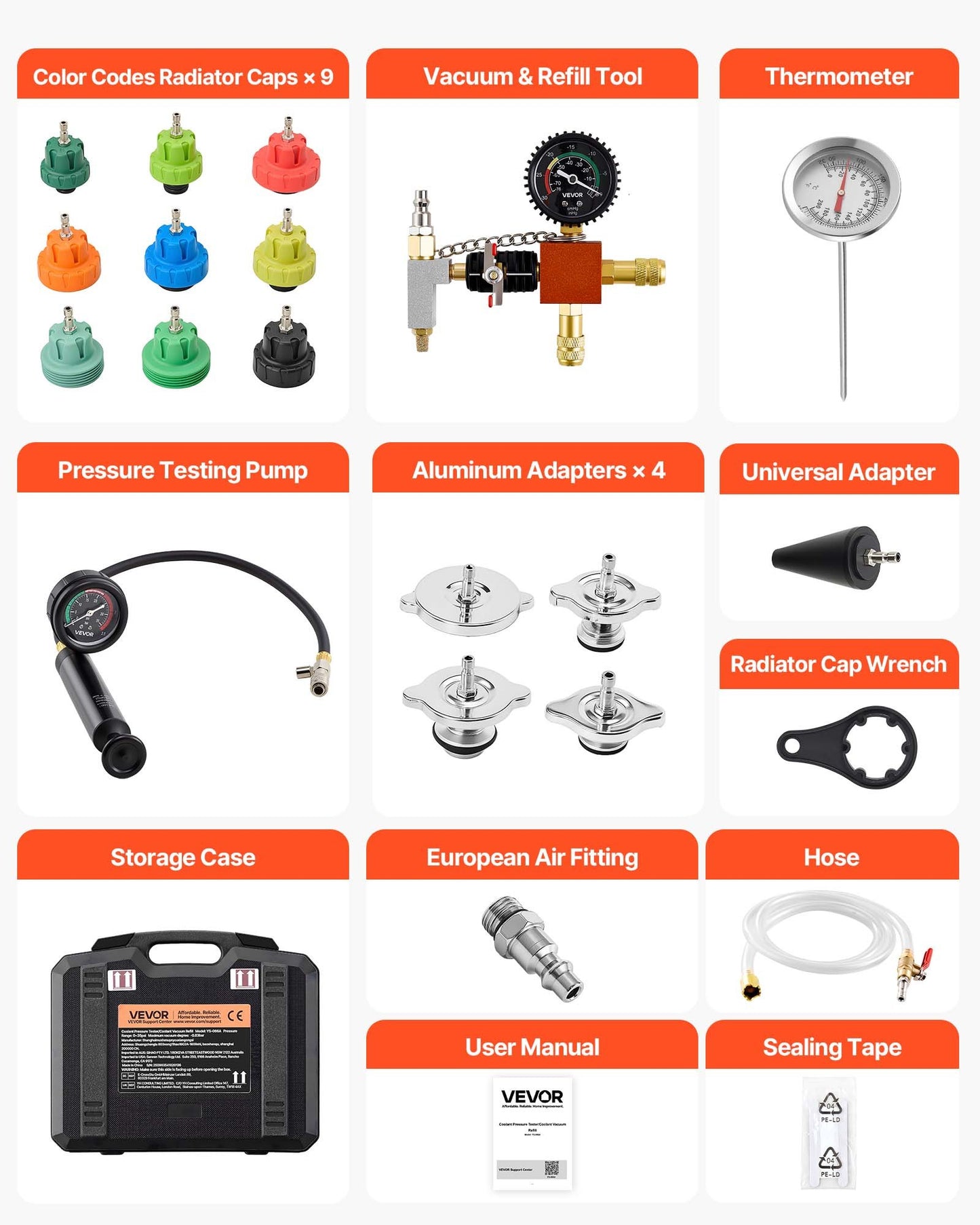 Coolant Pressure Tester Kit, 28Pcs Radiator Vacuum Refill Kit with 4 Adapters, Universal Fit, Automotive Cooling System Pressure Tester Kit, with Pressure Pump & Aluminum Alloy Purge Filler