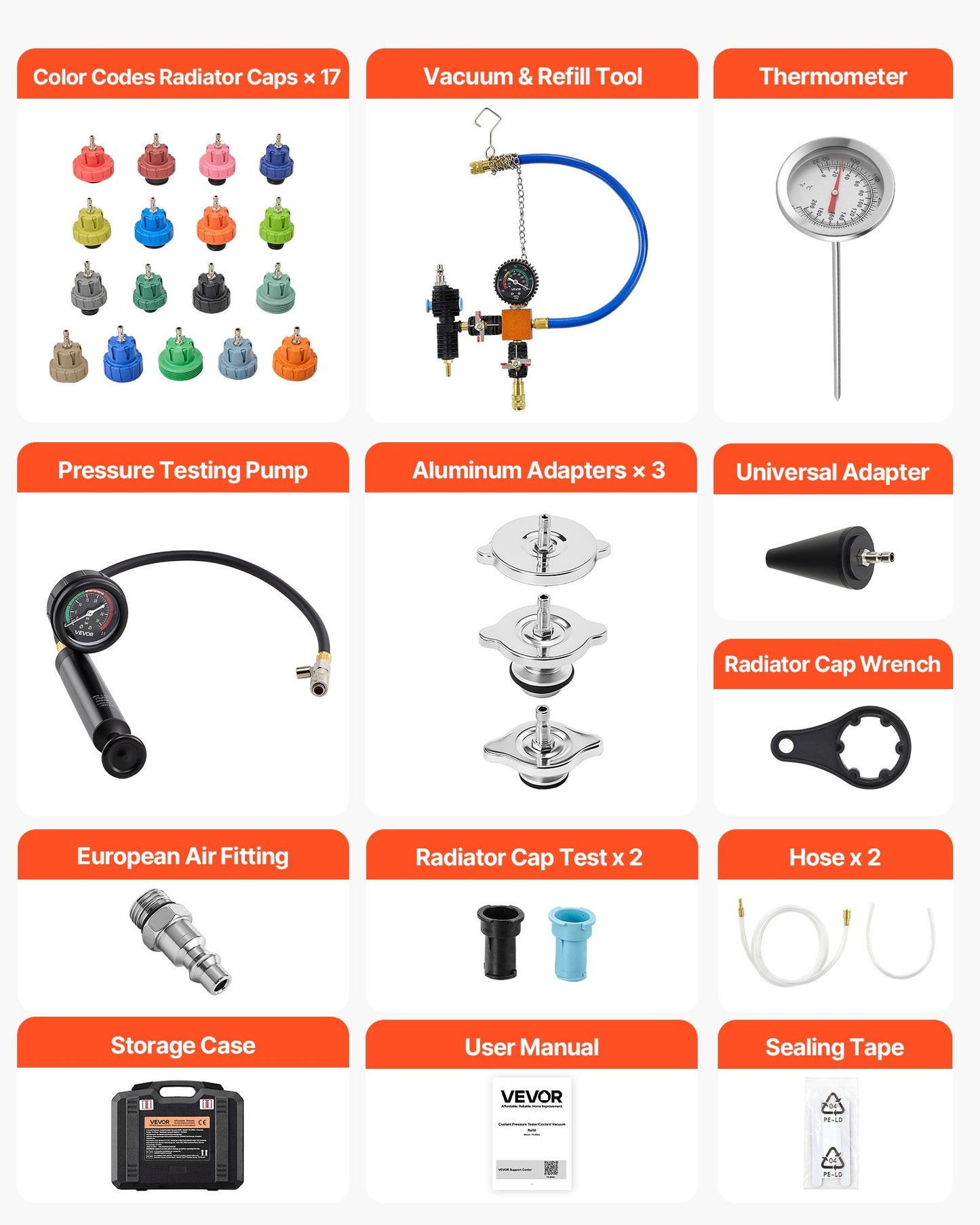 Coolant Pressure Tester Kit, 47Pcs Radiator Vacuum Refill Kit with 3 Metal Adapters, Universal Fit, Automotive Cooling System Pressure Tester Tool, with Pressures Pump & Aluminum-Plastic Filler