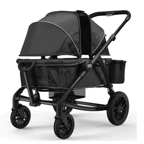 All-Terrain Stroller Wagon, 2 Seats Foldable Expedition 2-in-1 Collapsible Wagon Stroller, Includes Canopy, Parent Organizer, Snack Tray & Cup Holders, 55lbs for Single Seat, Black