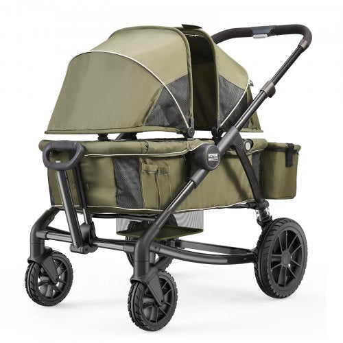 All-Terrain Stroller Wagon, 2 Seats Foldable Expedition 2-in-1 Collapsible Wagon Stroller, Includes Canopy, Parent Organizer, Snack Tray & Cup Holders, 55lbs for Single Seat, Olive Green