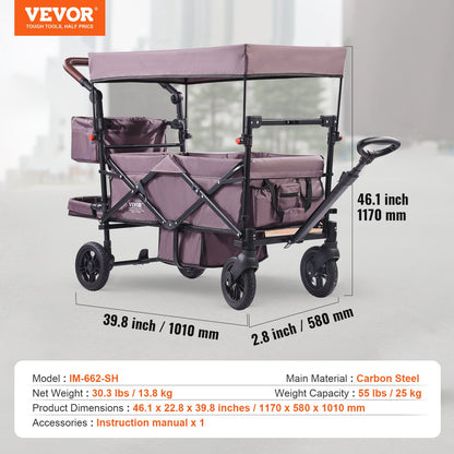 Wagon Stroller for 2 Kids, Push Pull Quad Collapsible Stroller with Adjustable Handle, Encircling Harness Removable Canopy,4 Wheels w/ Brakes,Mutifunction Tandem Stroller for Camping Dark Purple