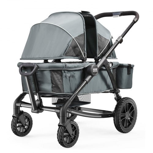 All-Terrain Stroller Wagon, 2 Seats Foldable Expedition 2-in-1 Collapsible Wagon Stroller, Includes Canopy, Parent Organizer, Snack Tray & Cup Holders, 55lbs for Single Seat, Dark Grey/Black