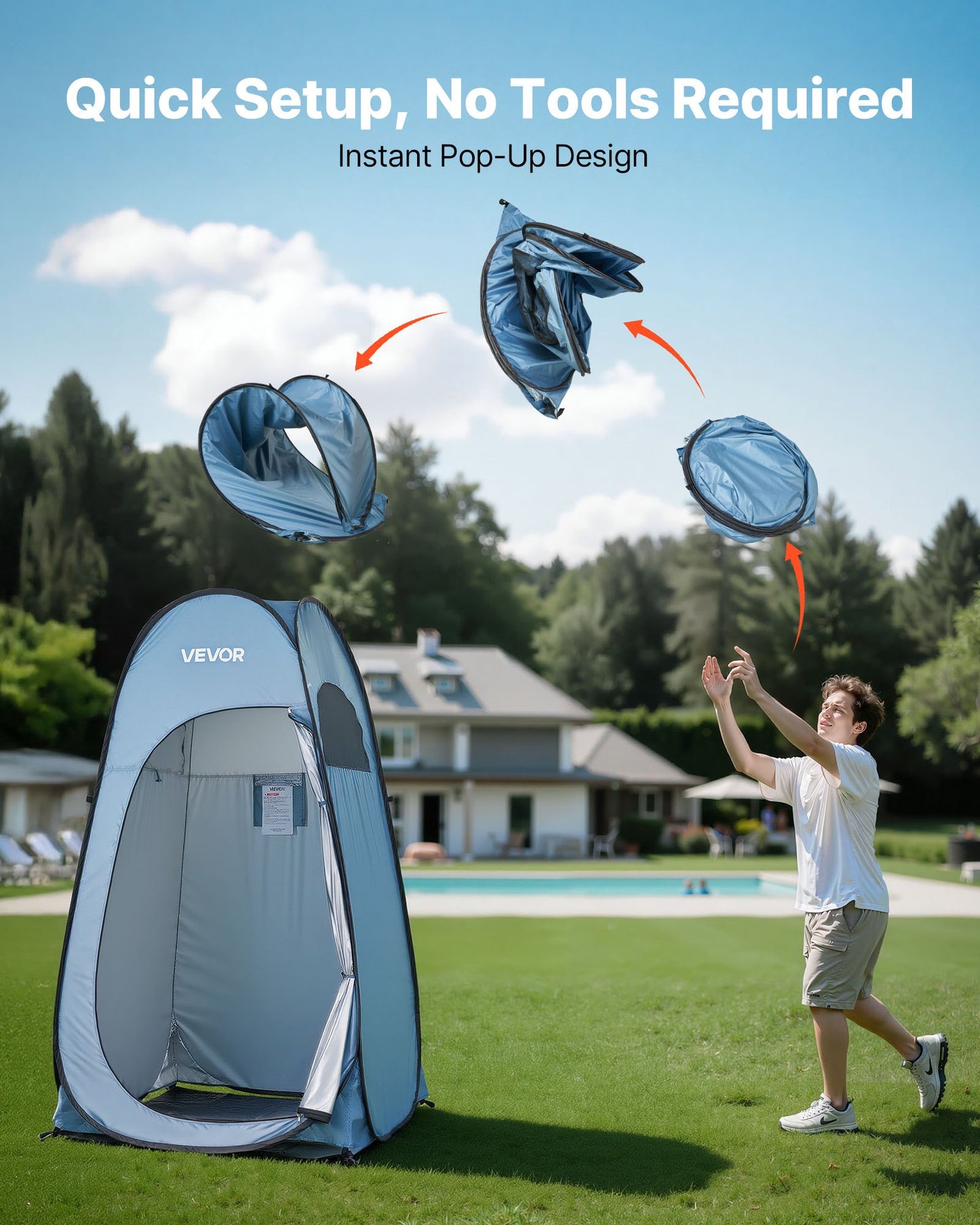 Pop up Shower Tent, Instant Portable Privacy Tent Changing Room with Ground Stakes, Ropes, and Carry Bag, 190T Polyester with Silver Coating, Quick Setup, for Camping, Beach, Fishing, Blue