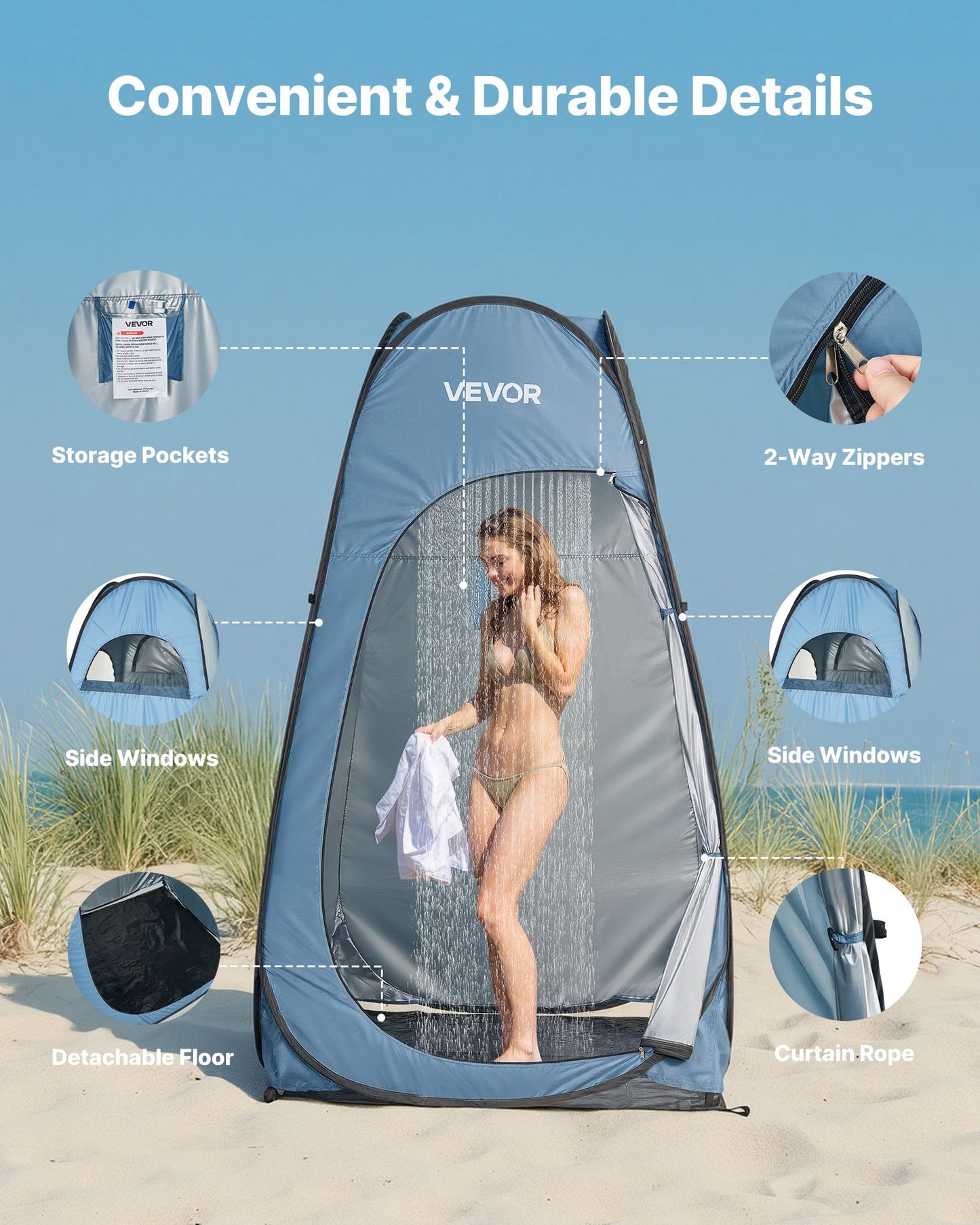 Pop up Shower Tent, Instant Portable Privacy Tent Changing Room with Ground Stakes, Ropes, and Carry Bag, 190T Polyester with Silver Coating, Quick Setup, for Camping, Beach, Fishing, Blue