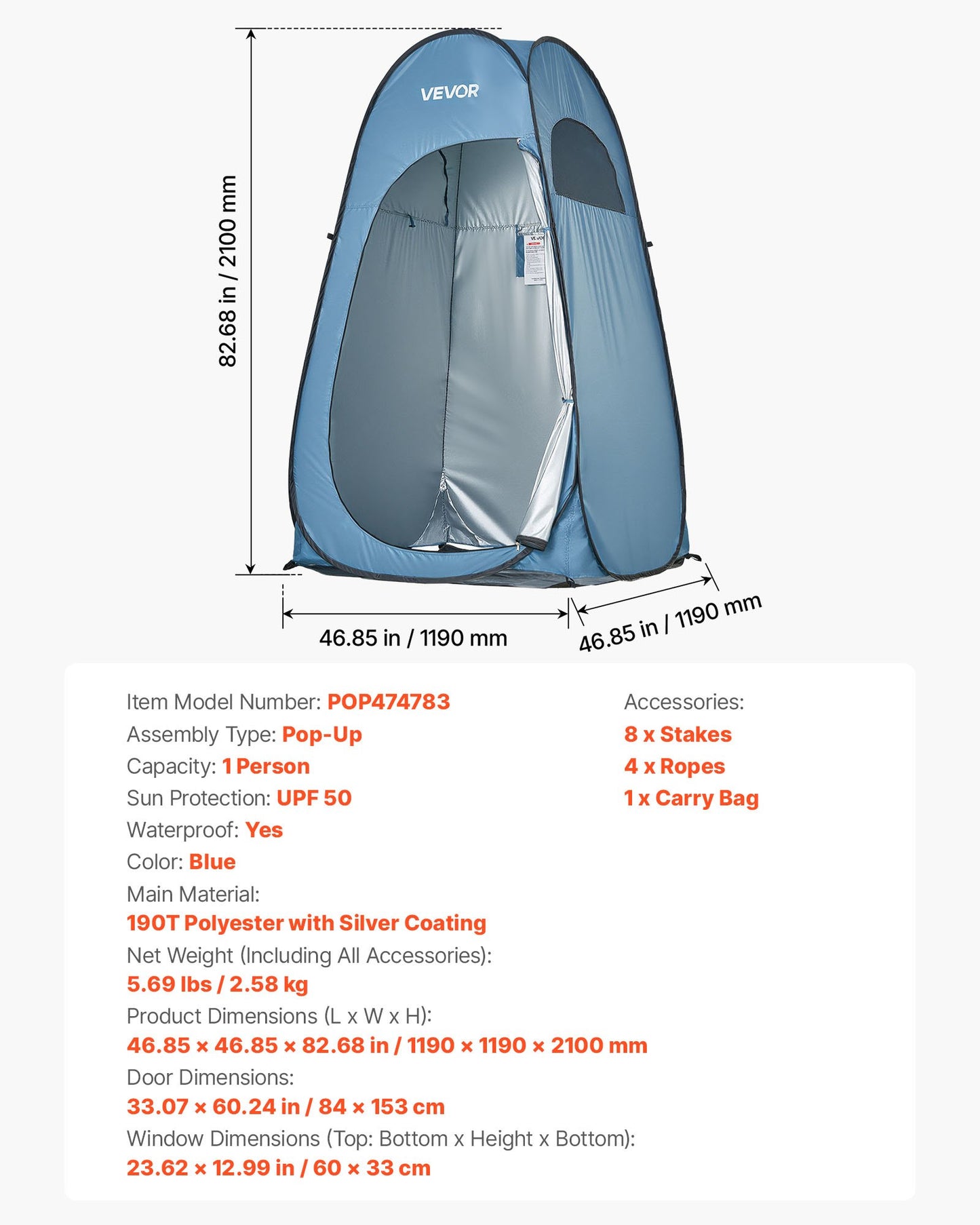 Pop up Shower Tent, Instant Portable Privacy Tent Changing Room with Ground Stakes, Ropes, and Carry Bag, 190T Polyester with Silver Coating, Quick Setup, for Camping, Beach, Fishing, Blue