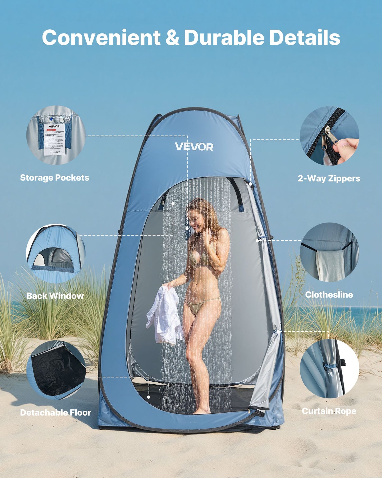 Pop up Shower Tent, Instant Portable Privacy Tent Changing Room with Hanging Bag, Ground Stakes, Ropes, Carry Bag, 190T Polyester with Silver Coating, Quick Setup, for Camping, Beach, Fishing