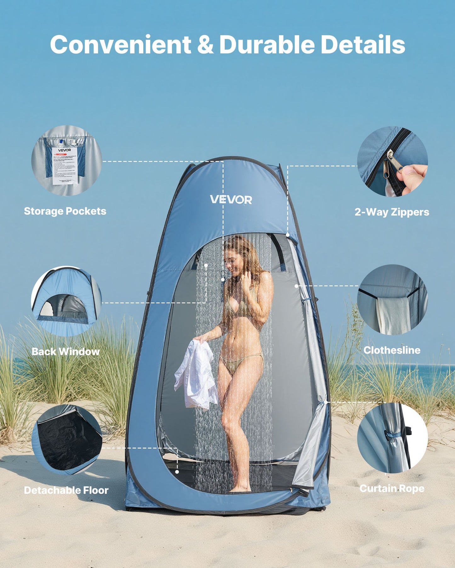 Pop up Shower Tent, Instant Portable Privacy Tent Changing Room with Shower Bag, Ground Stakes, Ropes, Carry Bag, 190T Polyester with Silver Coating, Quick Setup, for Camping, Beach, Fishing