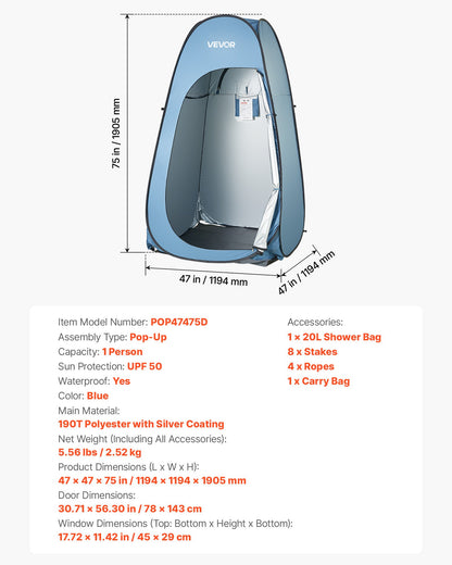 Pop up Shower Tent, Instant Portable Privacy Tent Changing Room with Shower Bag, Ground Stakes, Ropes, Carry Bag, 190T Polyester with Silver Coating, Quick Setup, for Camping, Beach, Fishing