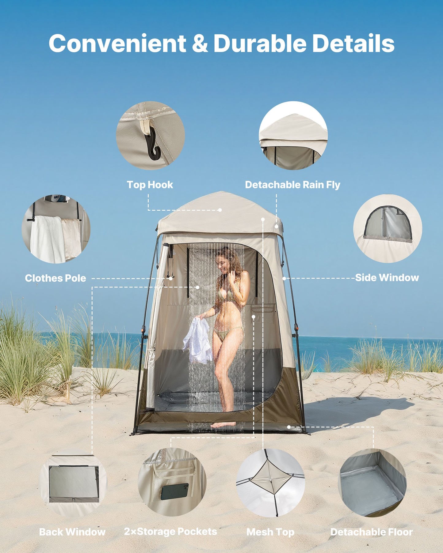 Camping Shower Tent, 1 Room, Foldable Privacy Tent Changing Room with Ground Stakes, Ropes, Carry Bag, and Crossbar, 210D Oxford Fabric with Silver Coating, for Camping, Beach, and Fishing