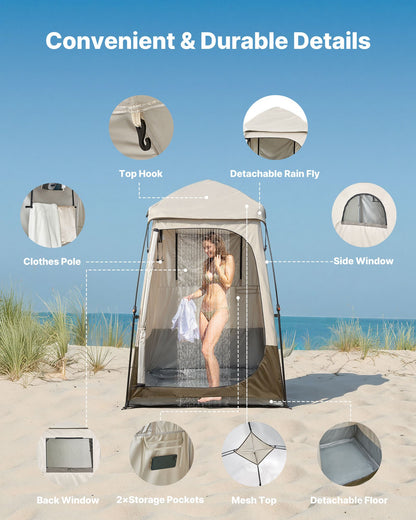Camping Shower Tent, 1 Room, Foldable Privacy Tent Changing Room with Ground Stakes, Ropes, Carry Bag, and Crossbar, 210D Oxford Fabric with Silver Coating, for Camping, Beach, and Fishing
