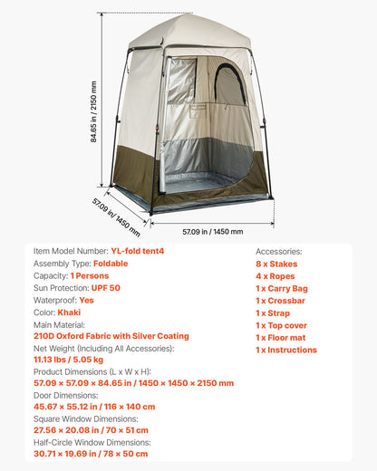 Camping Shower Tent, 1 Room, Foldable Privacy Tent Changing Room with Ground Stakes, Ropes, Carry Bag, and Crossbar, 210D Oxford Fabric with Silver Coating, for Camping, Beach, and Fishing