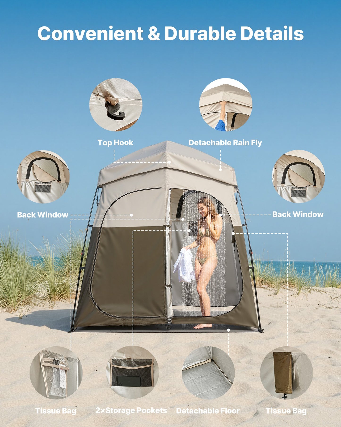Camping Shower Tent, 2-Room Foldable Portable Privacy Tent Changing Room with Ground Stakes, Ropes, and Carry Bag, 150D Oxford Fabric with Silver Coating, for Camping, Beach, and Fishing