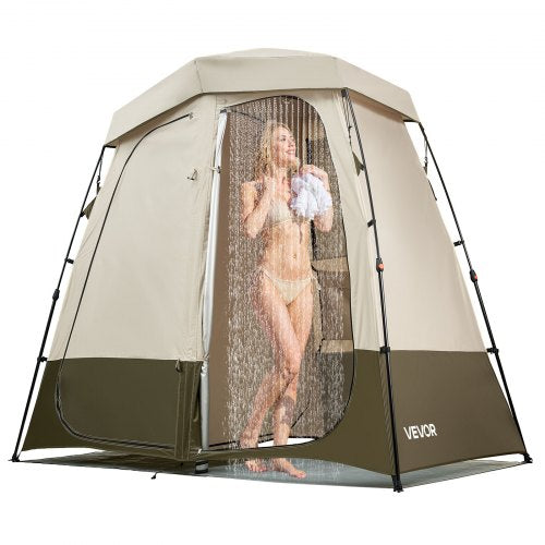Camping Shower Tent, 2-Room Foldable Privacy Tent Changing Room with Ground Stakes, Ropes, Carry Bag, and Crossbar, 150D Oxford Fabric with Silver Coating, for Camping, Beach, and Fishing