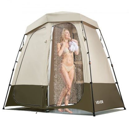 Camping Shower Tent, 2-Room Foldable Privacy Tent Changing Room with Ground Stakes, Ropes, Carry Bag, and Crossbar, 150D Oxford Fabric with Silver Coating, for Camping, Beach, and Fishing