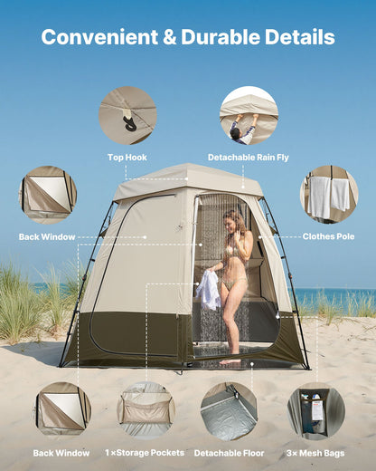 Camping Shower Tent, 2-Room Foldable Privacy Tent Changing Room with Ground Stakes, Ropes, Carry Bag, and Crossbar, 150D Oxford Fabric with Silver Coating, for Camping, Beach, and Fishing