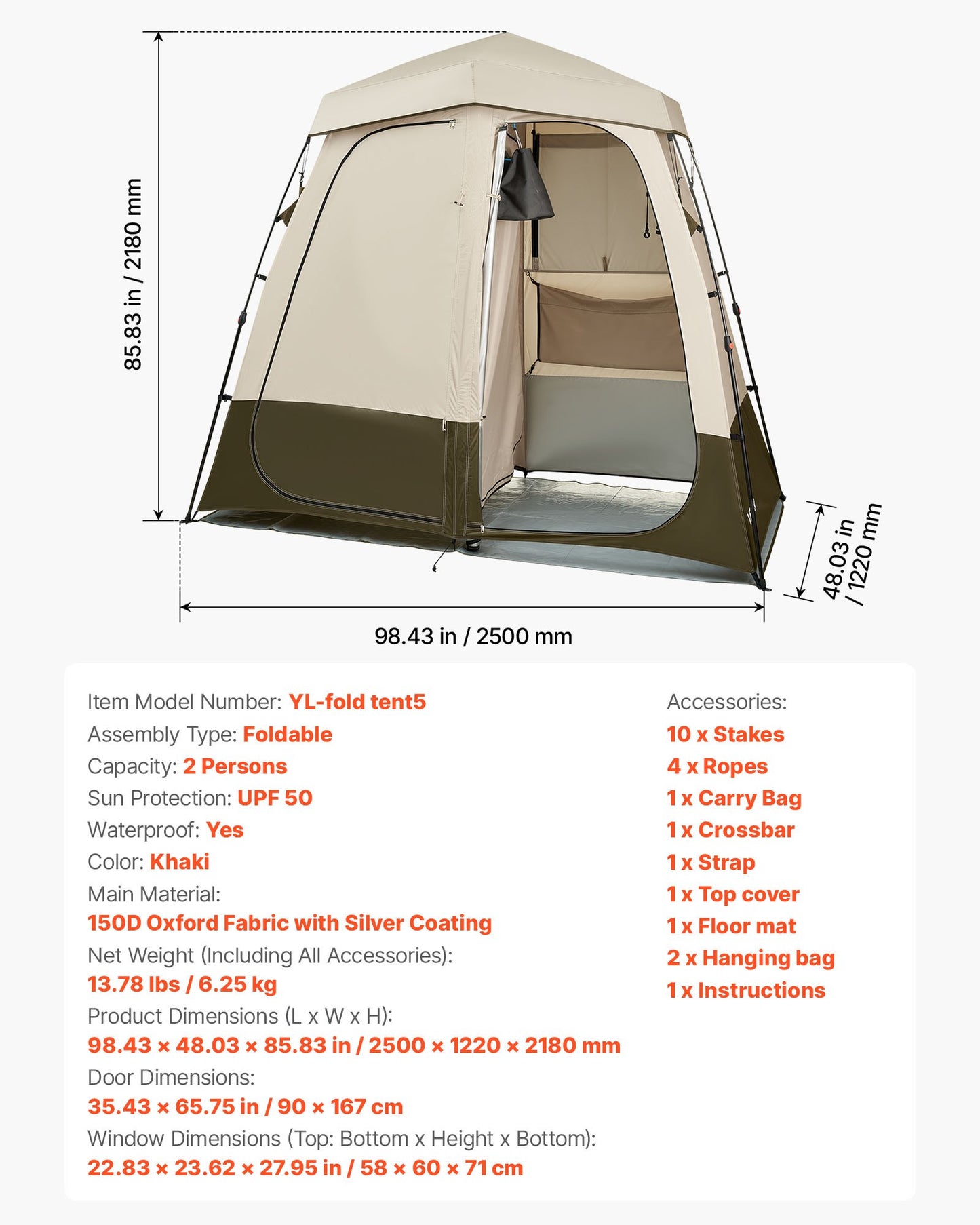 Camping Shower Tent, 2-Room Foldable Privacy Tent Changing Room with Ground Stakes, Ropes, Carry Bag, and Crossbar, 150D Oxford Fabric with Silver Coating, for Camping, Beach, and Fishing