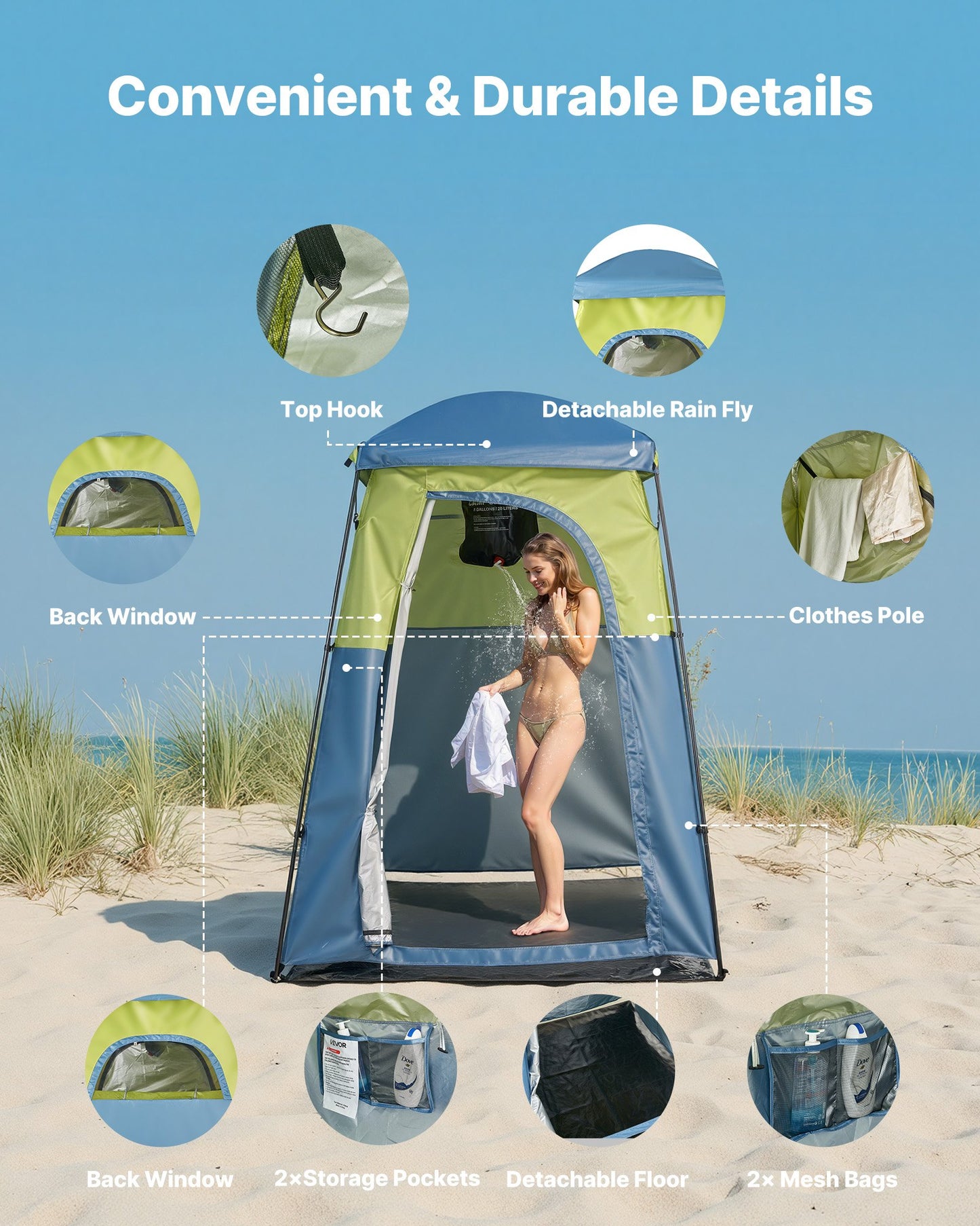 Camping Shower Tent, 1 Room, Portable Privacy Tent Changing Room with Shower Bag, Ground Stakes, Ropes, Carry Bag, and Support Poles, 150D Oxford Fabric with Silver Coating, for Camping, Fishing