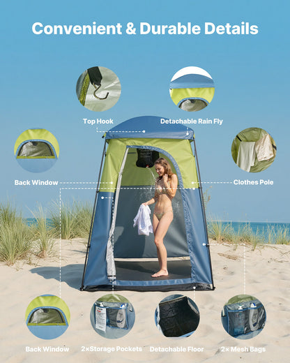 Camping Shower Tent, 1 Room, Portable Privacy Tent Changing Room with Shower Bag, Ground Stakes, Ropes, Carry Bag, and Support Poles, 150D Oxford Fabric with Silver Coating, for Camping, Fishing