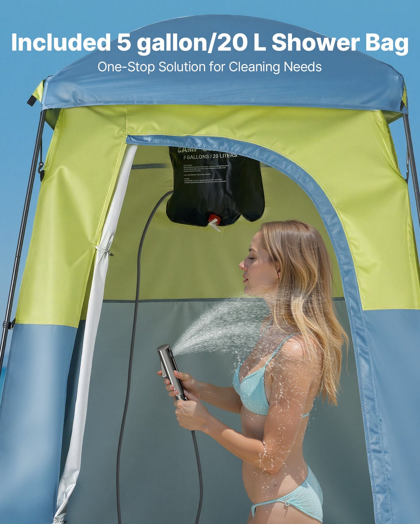 Camping Shower Tent, 1 Room, Portable Privacy Tent Changing Room with Shower Bag, Ground Stakes, Ropes, Carry Bag, and Support Poles, 150D Oxford Fabric with Silver Coating, for Camping, Fishing