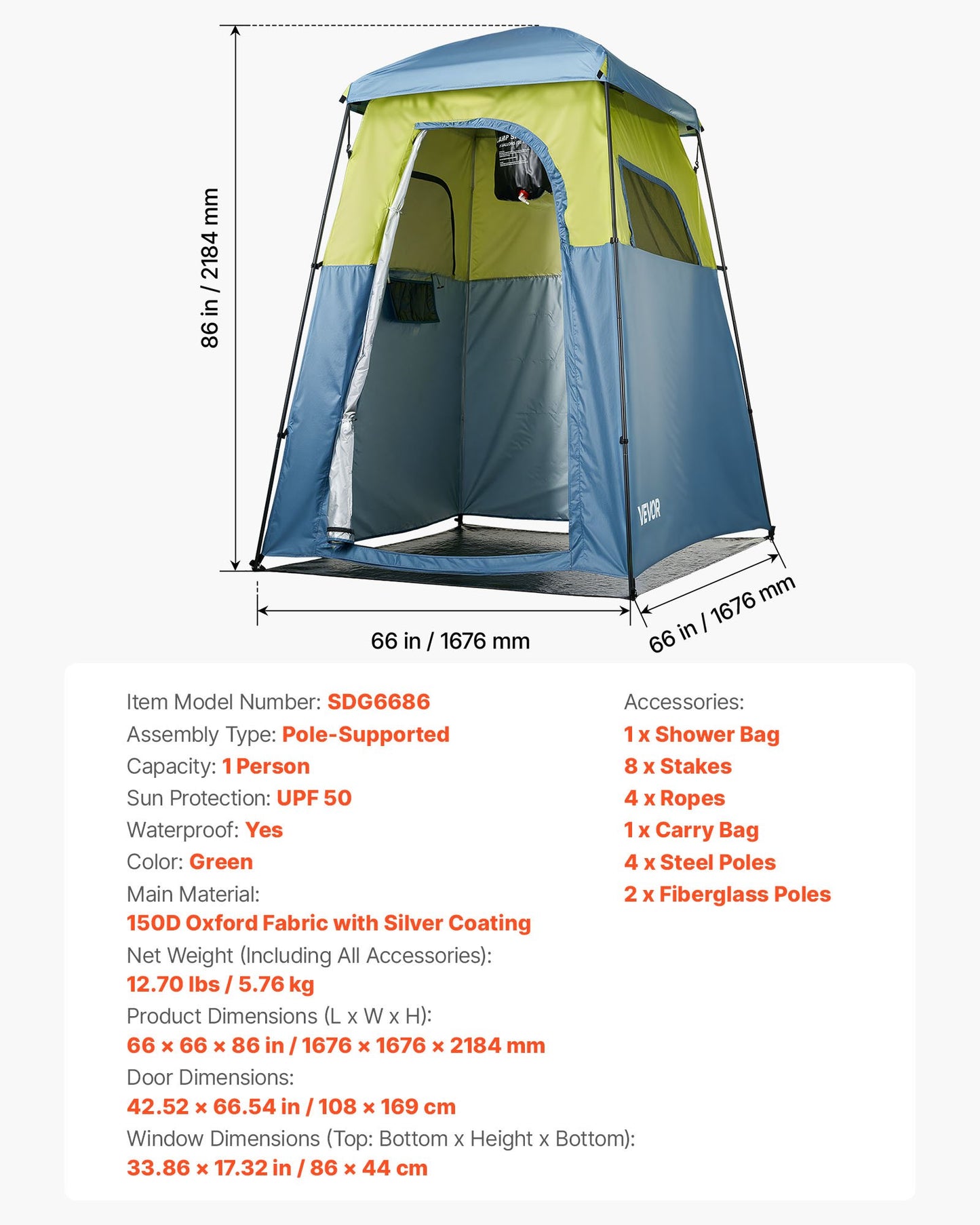 Camping Shower Tent, 1 Room, Portable Privacy Tent Changing Room with Shower Bag, Ground Stakes, Ropes, Carry Bag, and Support Poles, 150D Oxford Fabric with Silver Coating, for Camping, Fishing