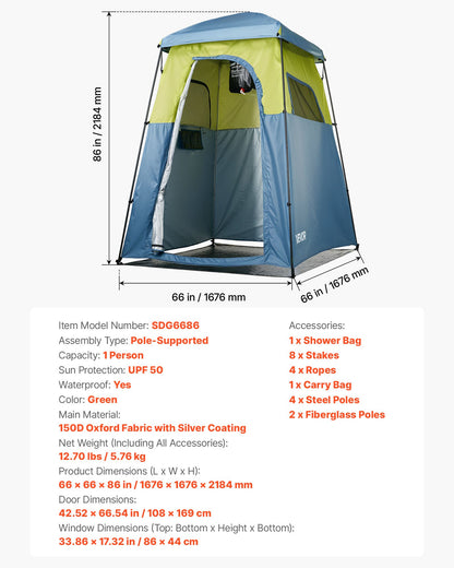 Camping Shower Tent, 1 Room, Portable Privacy Tent Changing Room with Shower Bag, Ground Stakes, Ropes, Carry Bag, and Support Poles, 150D Oxford Fabric with Silver Coating, for Camping, Fishing