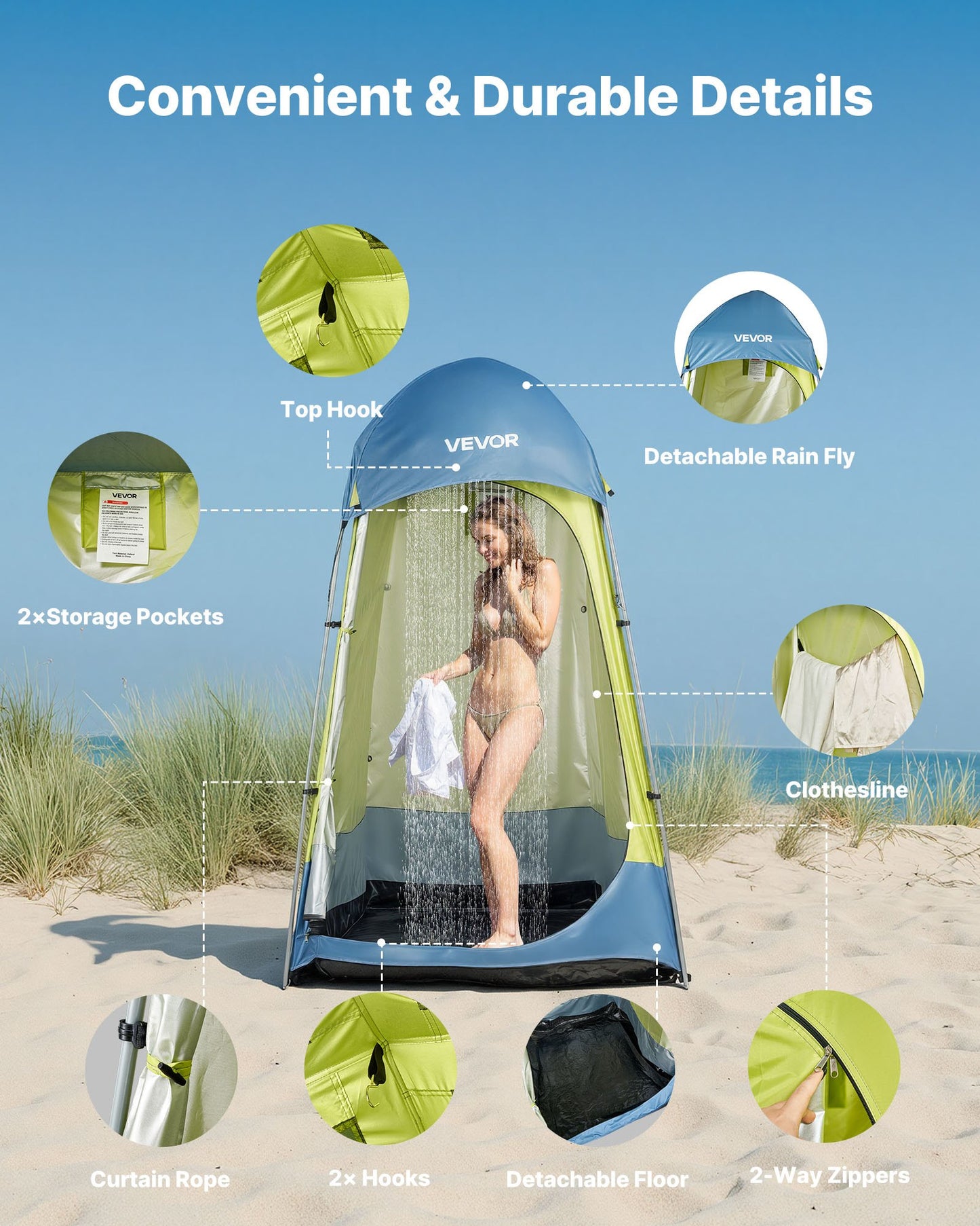 Camping Shower Tent, 1 Room, Portable Privacy Tent Changing Room with Ground Stakes, Ropes, Carry Bag, and Steel Poles, 200D Oxford Fabric with Silver Coating, for Camping, Beach, Fishing