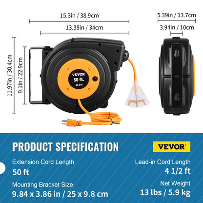 50ft Retractable Extension Cord Reel 14AWG/3CSJTOW Power Cord Reel