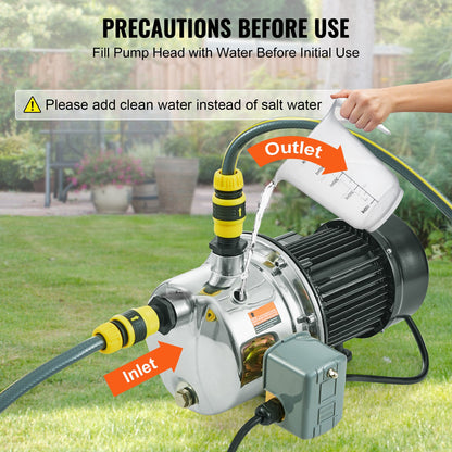 3/4HP SUS304 Stainless Steel Shallow Well Jet Pump, 115 Volt, 18.5 GPM 131 FT Maximum Head Irrigation Water Pump, for Agricultural Garden Irrigation System High-Rise Water Supply Shower Booster