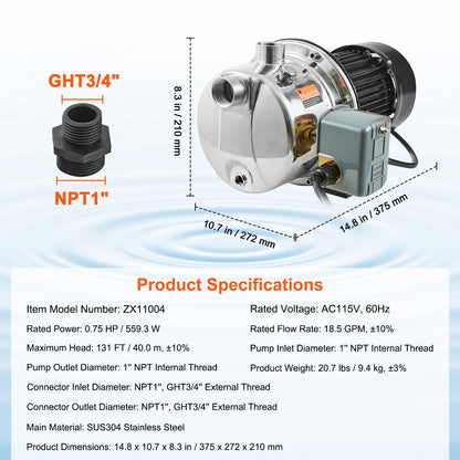 3/4HP SUS304 Stainless Steel Shallow Well Jet Pump, 115 Volt, 18.5 GPM 131 FT Maximum Head Irrigation Water Pump, for Agricultural Garden Irrigation System High-Rise Water Supply Shower Booster