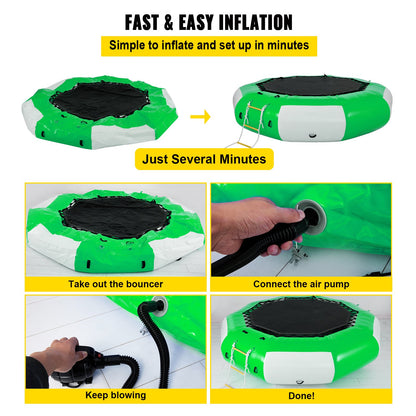 Inflatable Water Trampoline, 10ft Recreational Water Bouncer with Escalator, Round Inflatable Water Trampoline in Green and White, Floating Trampoline for Lakes, Pools, Calm Sea
