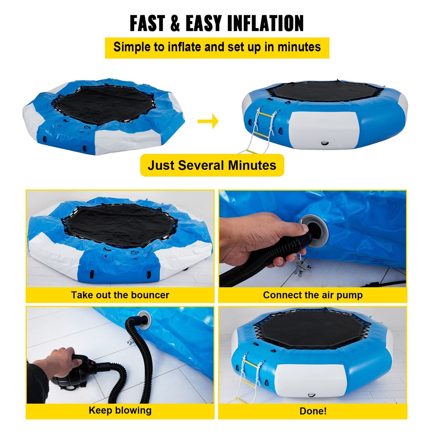 Inflatable Water Trampoline, 13ft Recreational Water Bouncer with Escalator, Round Inflatable Water Trampoline in Blue and White, Floating Trampoline for Lakes, Pools, Calm Sea