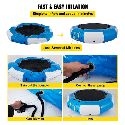 Inflatable Water Trampoline, 13ft Recreational Water Bouncer with Escalator, Round Inflatable Water Trampoline in Blue and White, Floating Trampoline for Lakes, Pools, Calm Sea